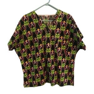 Flamingos In Love  Adult X Large Black V-Neck Scrub Top Black And Pink